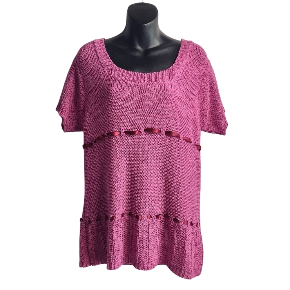 Carducci Top Womens Pink Ribbon Knit Shortsleeve Crewneck Sweater Size Xl